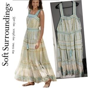 Soft Surroundings 96% Cotton Maxi Peasant Dress  Size Large gold aqua tiered